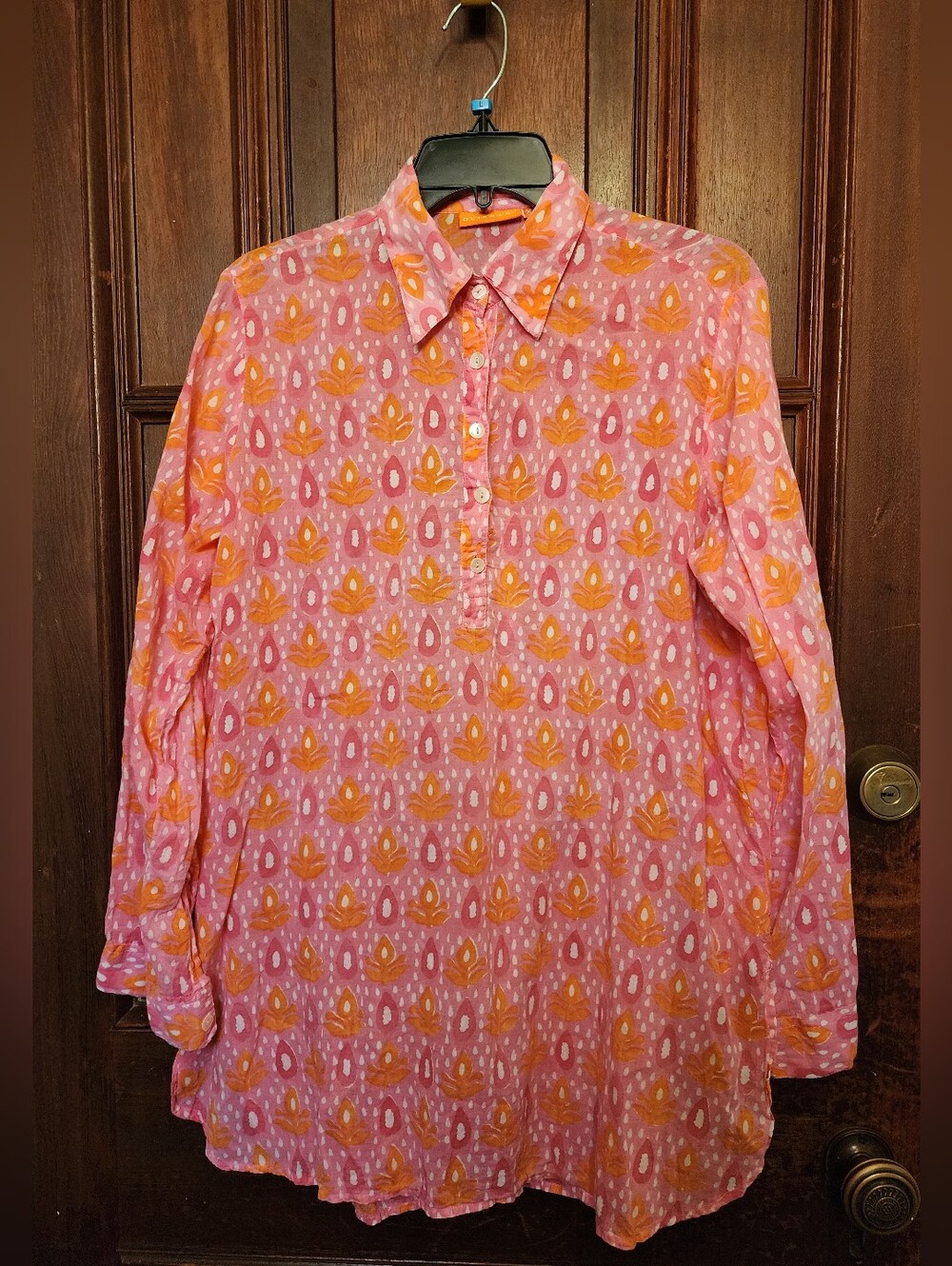 Oliphant Pink & Orange Hand-Block Print Cotton Tunic-Size XL